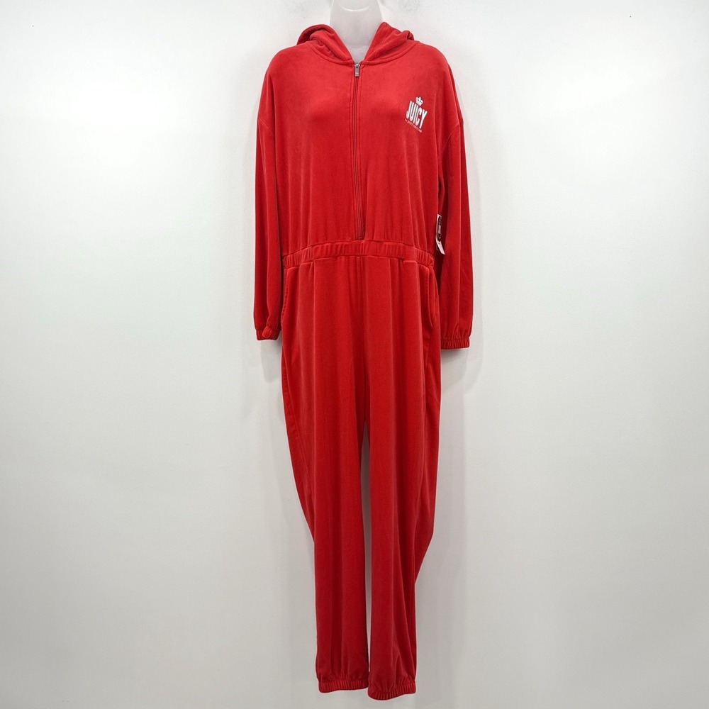 Juicy Couture Red Velour Jumpsuit XL NWT Y2K Soft Hooded Cozy Streetwear
